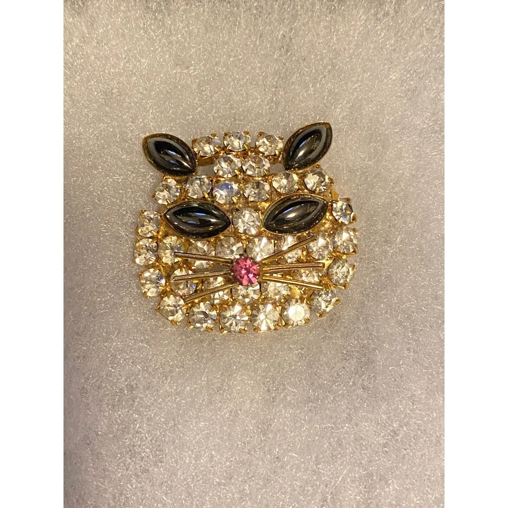 Vintage Cat Face‎ Rhinestone Pin